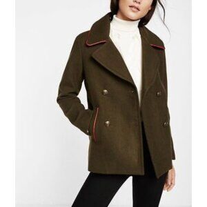 Express XS Army Green‎ Orange Piping Double Breasted Vegan Wool Peacoat Pea Coat